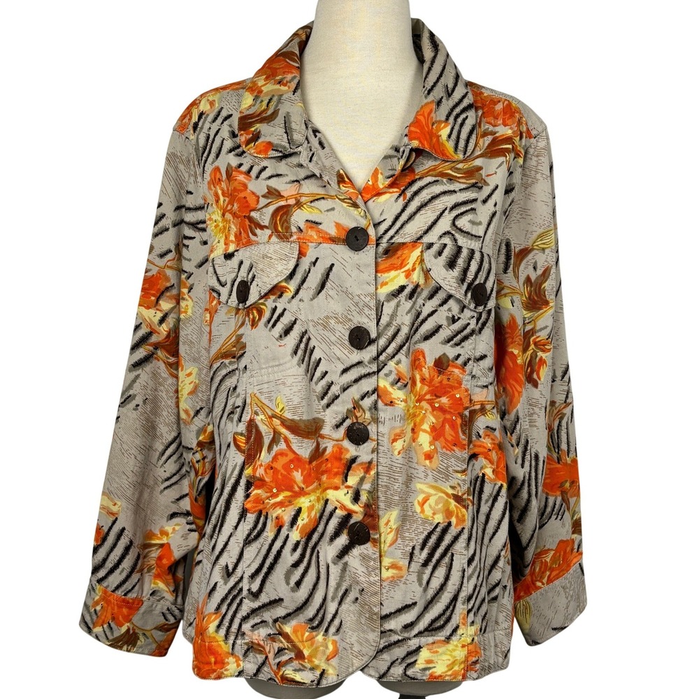 Studio Works Woman‎ 3X 100% Cotton Floral Jacket Orange Abstract Blazer